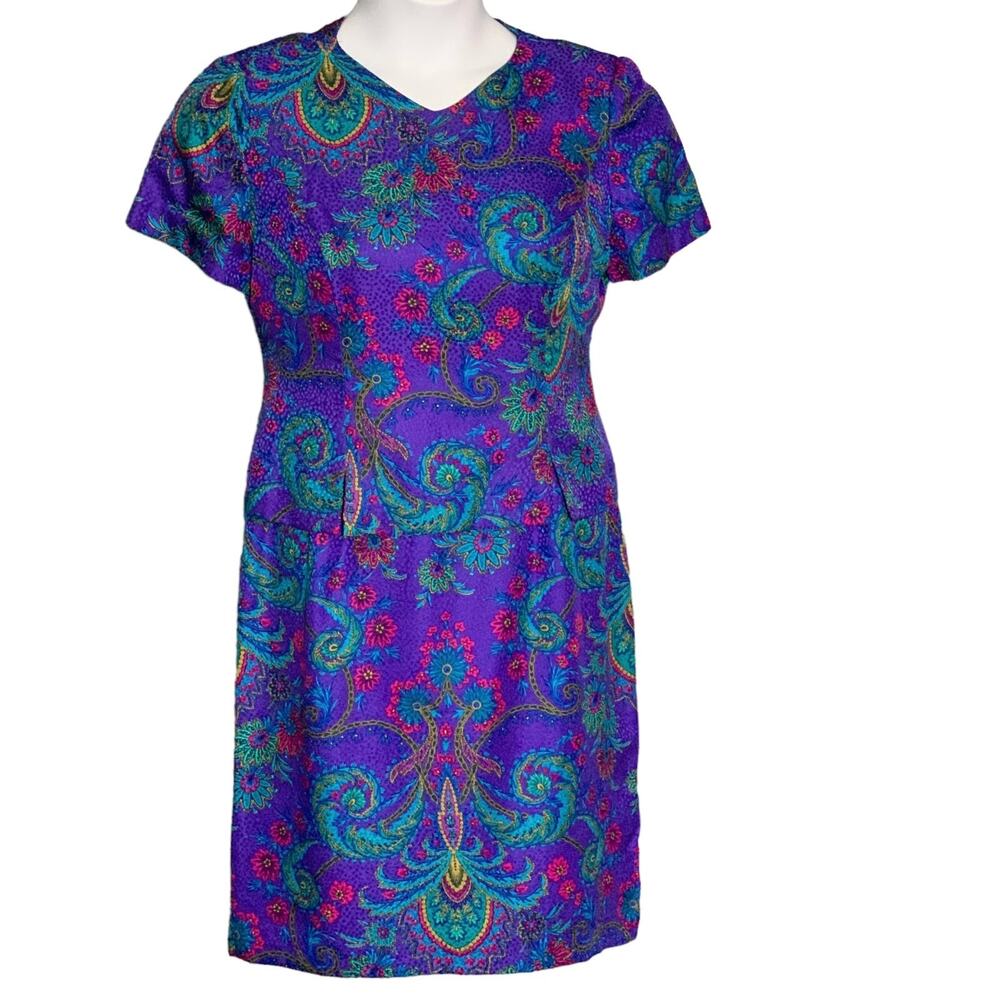 Vintage Maggy London Silk Dress Royal Blue Paisley Floral Short Sleeve Size 10P